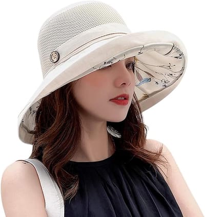 VHV - Zonnehoed Dames met Mesh Ventilatie - UPF 50+ UV-Bescherming - Brede Rand - Ademende Zomerhoed met Verstelbare Kinriem - Opvouwbare Strandhoed voor Wandelen en Tuinieren - Beige