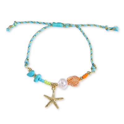 Marama - Armband Summer Turquoise Oranje - zomers - bedeltjes - damesarmband - gouden/oranje details - katoen koord - stainless steel