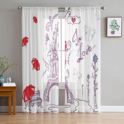 Herfst Romantisch Parijs Rode Paraplu Tule Transparante Gordijnen voor Woonkamer Slaapkamer Keukendecoratie Voile Organza Gordijnen 135W x 114H(cm)