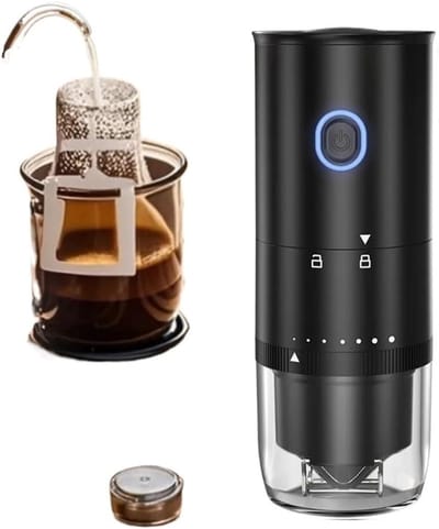 KZQ Draagbare Koffiemachine met Oplaadbare Koffiemolen, Keramische Maalstenen, Elektrische Grinder voor Kamperen, Wandelen en Kantoorgebruik, Zwart