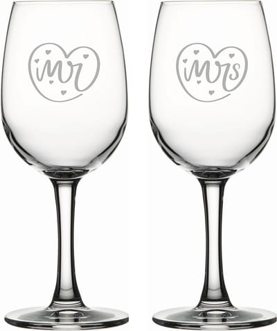 Gegraveerde set witte wijnglazen 26cl Mr. In hartje - Mrs. In hartje