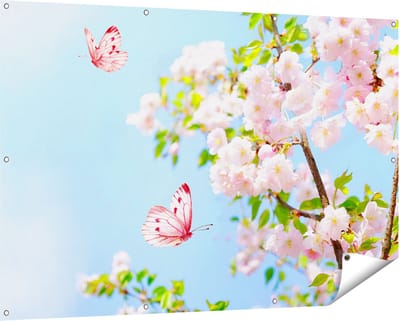 Gards Tuinposter Twee Roze Vlinders bij Roze Bloesem Bloemen - 150x100 cm - Tuindoek - Tuindecoratie - Wanddecoratie buiten - Tuinschilderij