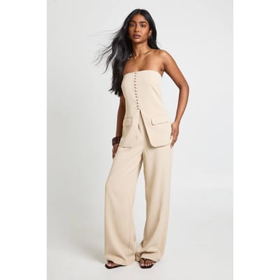 boohoo Dames Tailored Bandeau Wide Leg Jumpsuit | Stone | Maat: 8