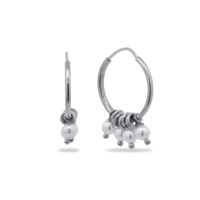 New Bling 9NB-1352 Zilveren Oorringen met Pareltjes - Oorbellen - Parels 4mm - Oorringen 19x1,7mm - Cadeau - Rhodium - Zilver