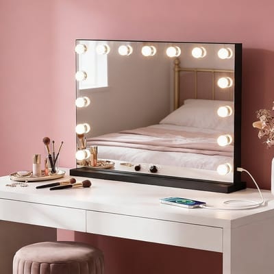 Hollywood Spiegel Make Up Spiegel met Verlichting Dimbaar en Perfect Licht - Make Up Spiegel 10x Vergroting voor Nauwkeurige Make Up en Detailwerk | LED Verlichting en Stijlvol Design Zwart voor Tafelgebruik
