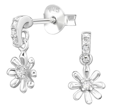 Joy|S - Zilveren bloem bedel oorbellen - oorknoppen met hangend bloemetje - 6 x 12 mm - zirkonia - sterling zilver 925 - kinderoorbellen