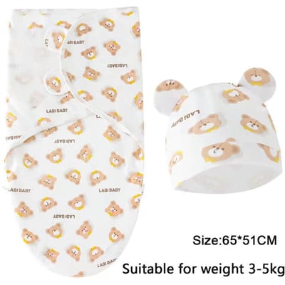 Baby Deken en Muts Set Cartoon Print Katoen Pasgeboren Wikkeldoek Verstelbare Baby Slaap Wikkeldoeken Alle Seizoenen 0-6 Maanden (Ivory,0-6M)