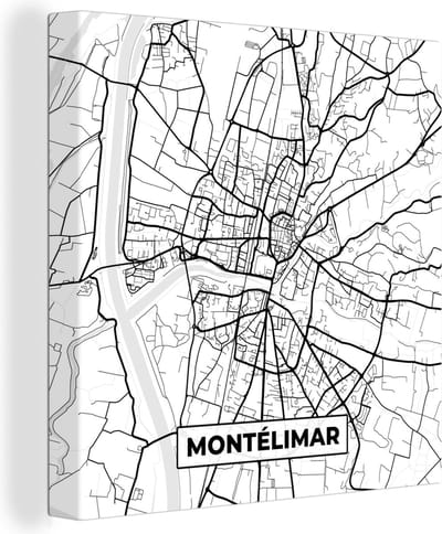 Canvas Schilderij Montélimar - Frankrijk - Plattegrond - Stadskaart - Kaart - Zwart wit - 20x20 cm - Wanddecoratie