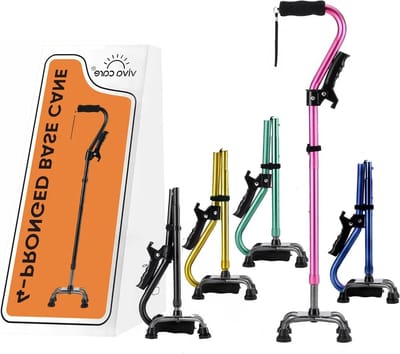 VIVA CARE Wandelstok met 4 poten en extra zijhandgreep - verstelbaar, voor balans en stabiliteit voor volwassenen, senioren en gewonden.