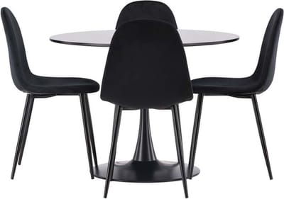 Glade eethoek tafel zwart en 4 Polar stoelen zwart.