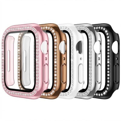 5 stuks Zwart transparant zilverkleurig roze en rosé goudkleurig smartwatch screenprotector met beschermhoes set geschikt voor Apple Watch 42 mm serie 1 / 2 / 3 PC case met dubbele rij strass steentjes