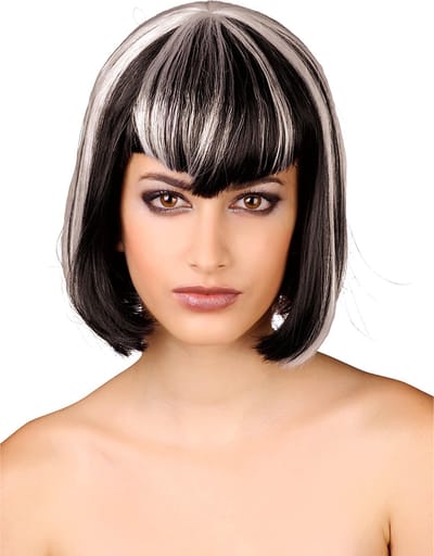 Vegaoo - Halflange zwart-witte damespruik met pony - Zwart - One Size