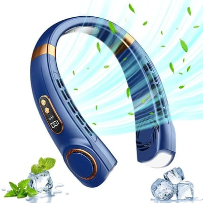 Nekventilator, ventilator zonder bladen, miniventilator, 3 snelheden, 360° draaibare persoonlijke ventilator, USB oplaadbaar - blauw