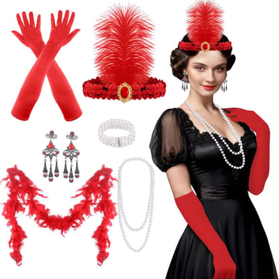 Dailygoods- Themset 9-delig - Flapper Hoofdband - Satijnen Handschoenen - Parelketting - Oorbellen - Lange Rode Handschoenen - Kunstveren Haarband - Feestoutfit