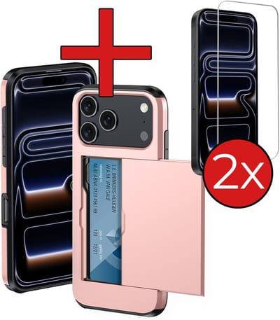 Hoesje Geschikt voor iPhone 17 Pro / 18 Pro Hoesje Met Pasjeshouder Hard Case Met Kaarthouder Met 2x Screenprotector - Hoes Geschikt voor iPhone 17 Pro / 18 Pro Hoesje Pashouder Case - Rosé goud