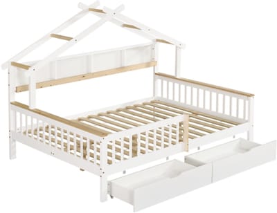 Kinderbed 140x200cm, met valbeveiliging en spijlen, dakdesign, opbergplank, twee lades op wielen, vlakke bedden, houten bedden, wit+naturel