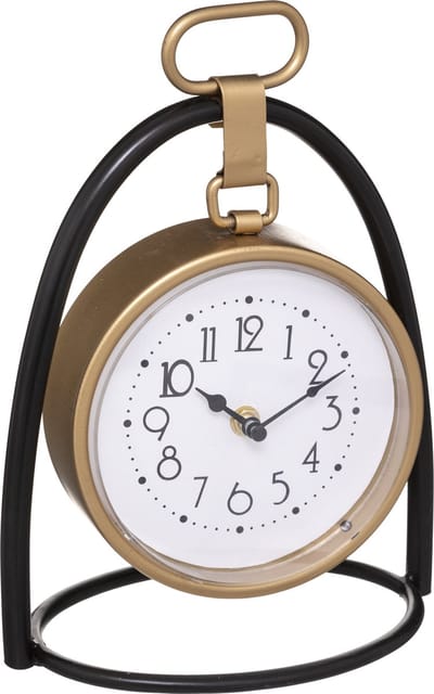 Atmosphera Tafelklok Athene - goud/zwart - H27 cm - Dia klok 18 cm - glas/metaal/mdf - op standaard