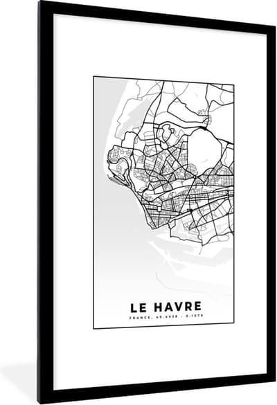 Fotolijst incl. Poster Zwart Wit- Stadskaart - Frankrijk - Le Havre - Kaart - Plattegrond - Zwart wit - 80x120 cm - Posterlijst