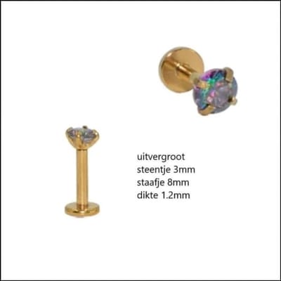 Aramat Jewels | Piercings | Elegante Zirkonia Labret Piercing – 8mmx1.2mm | Goudkleurig / Regenboog / 3mm | |3mm | Staal | Volwassenen | Verkleurd niet
