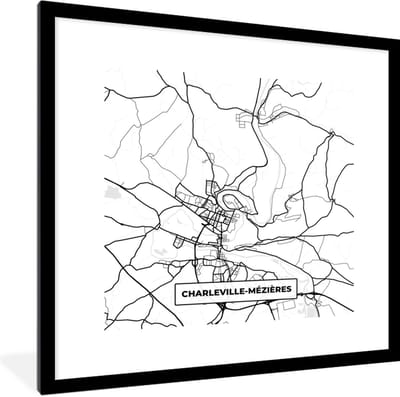 Fotolijst incl. Poster Zwart Wit- Stadskaart - Charleville-Mézières - Plattegrond - Kaart - Frankrijk - Zwart wit - 40x40 cm - Posterlijst