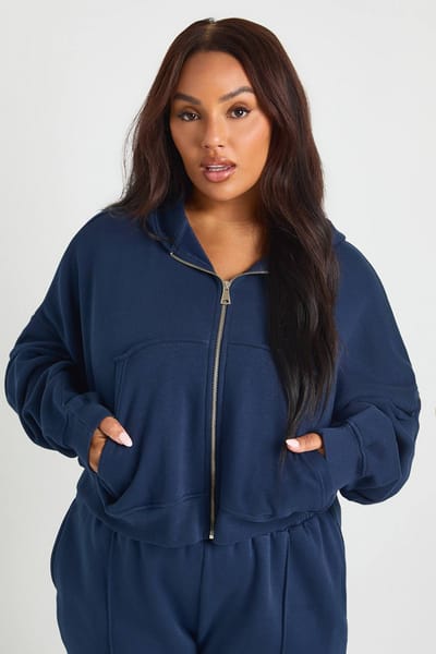 boohoo Dames Plus Core Basic Boxy Ballon Mouw Oversized Ritssluiting Hoodie | Marineblauw | Maat: 50