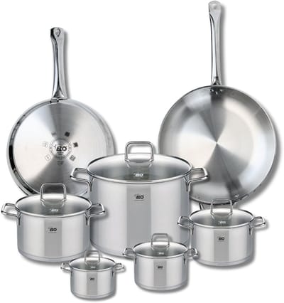 Set van 2 Bakpannen 28 en 32 cm en 5 Kookpotten 12, 14, 16, 20 en 26 cm Elo Profi Citrin