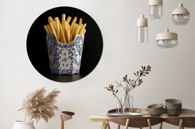 WallCircle - Wandcirkel - Muurcirkel - Friet - Porselein - Delfts blauw - Eten - Aluminium - Dibond - 140x140 cm - Binnen en Buiten