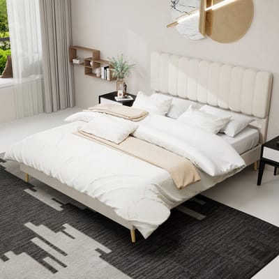 DESMIU Gestoffeerd Bed 160x200 cm - Modern Bed Met Zacht Hoofdbord - Stevig Bedframe Voor Slaapkamer - Stof En Metaal - Beige Zonder Matras