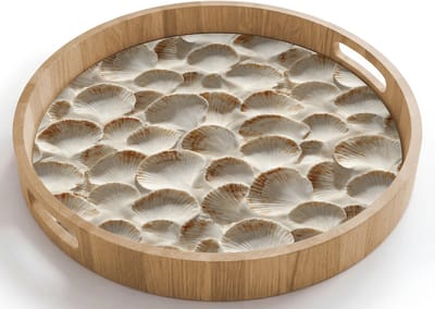 Dienblad rond 40x40 cm - Schootdienblad hout - Schelpen - Waaiervorm - Wit - Borrelplank rechthoek - Plateau houten dienbladen