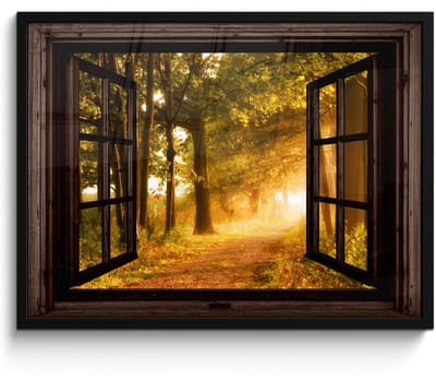 Poster in lijst - Fotolijst 70x50 cm - Posters - Bos - Bomen - Zonlicht - Herfst - Bospad - Natuur - Doorkijk - Posterlijst zwart - Decoratie - Wanddecoratie woonkamer - Muurdecoratie slaapkamer