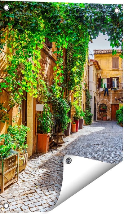 Gards Tuinposter Straatje in Rome met Groene Planten - 40x60 cm - Tuindoek - Tuindecoratie - Wanddecoratie buiten - Tuinschilderij