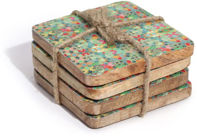 Ancient Wisdom - Decoratief dienblad - Multicolor houten dienblad met vierkante onderzetters - tafelaccessoire - interieurdecoratie - serveerblad - keukenaccessoire - decoratieaccessoire - cadeau