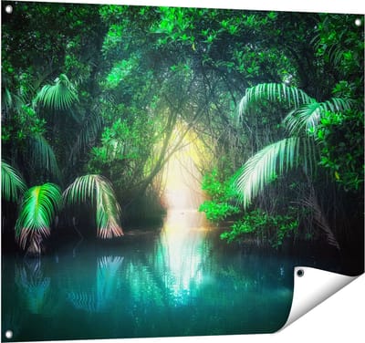 Gards Tuinposter Tropische Jungle met een Turquoise Meer - 100x80 cm - Tuindoek - Tuindecoratie - Wanddecoratie buiten - Tuinschilderij