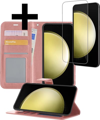 Hoesje - Met Screenprotector - Geschikt voor Samsung Galaxy S23 FE - Luxe Pasjeshouder - Bookcase Portemonee - Flip Case - Kunstleer Book Case - Flipcase - Book Cover - Walletcase - Portemonneehoes - Telefoonhoesjes - Rosé goud