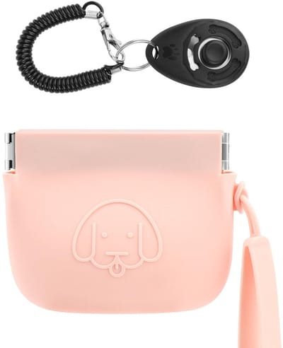 Dailygoods - Siliconen tas voor hondensnoepjes, automatische sluiting, met clickers voor hondentraining, wandelen voor honden en katten, zakformaat, gemakkelijk te reinigen, reistas (roze)