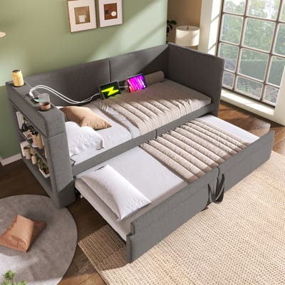 DESMIU Gestoffeerd Bed 90x200 cm - Slaapbank Met Uittrekbed En Oplaadfunctie - Opbergruimte In Armleuning - Voor Slaapkamer - Katoen Linnen - Grijs Zonder Matras