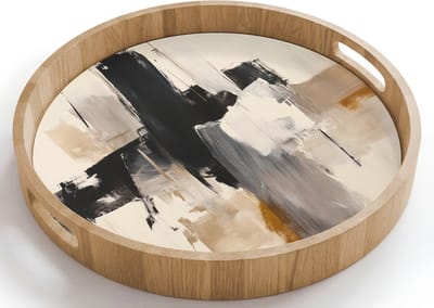 Dienblad rond 40x40 cm - Schootdienblad hout - Penseelstreken - Ruw - Abstract - Beige - Borrelplank rechthoek - Plateau houten dienbladen
