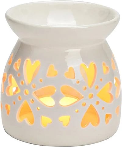 Geurbrander voor amberblokjes/geurolie - porselein - wit hartjes - 10 x 10 x 10 cm