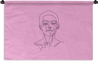 Wandkleed Line-art Vrouwengezicht - 13 - Line-art vrouw met kort haar op een roze achtergrond Wandkleed katoen 60x40 cm - Wandtapijt met foto
