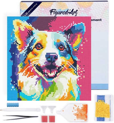 Figured'Art Mini Diamond Painting set Volwassenen 25x25 cm met lijst Honden Abstracte Pop-Art - 5D DIY Art full drill ronde diamant - Canvas al ingelijst