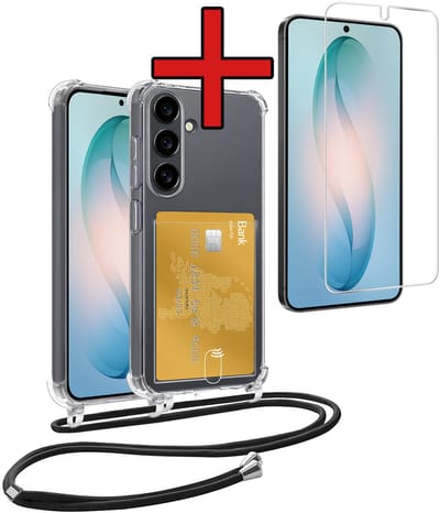 Hoesje Geschikt voor Samsung S26 Hoesje Met Telefoonkoord en Pasjeshouder Met Screenprotector Siliconen - Hoes Geschikt voor Samsung Galaxy S26 Hoesje Met Kaarthouder Shock Proof Case - Transparant