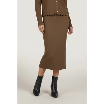 EsQualo Skirt Knitted Mixed Rib Army Green Maat: S | Midi Rokken Outlet | Dames | Bruin