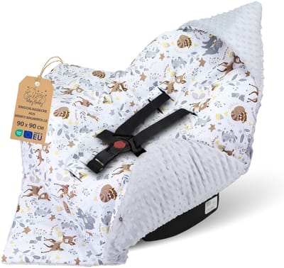Inbakerdeken voor autostoel en kinderwagen – zachte Minky babydeken dubbelzijdig met capuchon voor pasgeborenen – Winter bruikbaar onderweg en thuis 90×90 cm Hert lichtgrijs Oeko-Tex