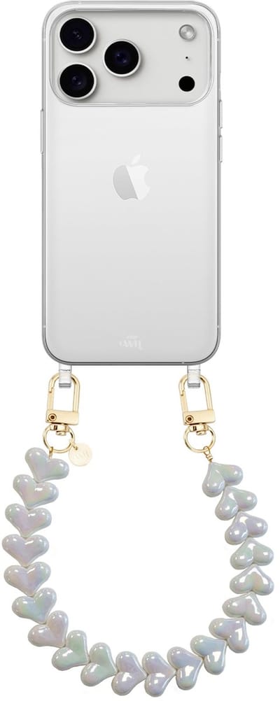 xoxo Wildhearts siliconen hoesje geschikt voor iPhone 17 Pro Max hoesje - Funky Hearts - Telefoonhoesje - Hoesje met koord - Metallic Wit koord - kort telefoonkoord - Hartjes ketting - Transparant hoesje