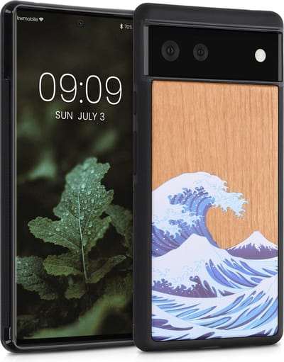 kwmobile telefoonhoesje geschikt voorGoogle Pixel 6 - Hoesje met bumper - hout - In blauw / wit / bruin Golven op Hout design