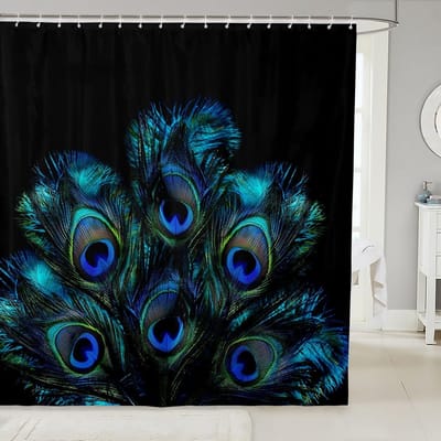 Pauwveer Douchegordijn Waterverf Blauw Dieren Thema Print Meisjes Badkamer Decoratie Met Haken W60H190(CM)-1 Pcs