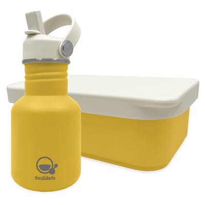 Smikkels - RVS Lunchset - Drinfkles - Broodtrommel met siliconen deksel - 304 RVS (18/8) - Geel - Schoolset kind