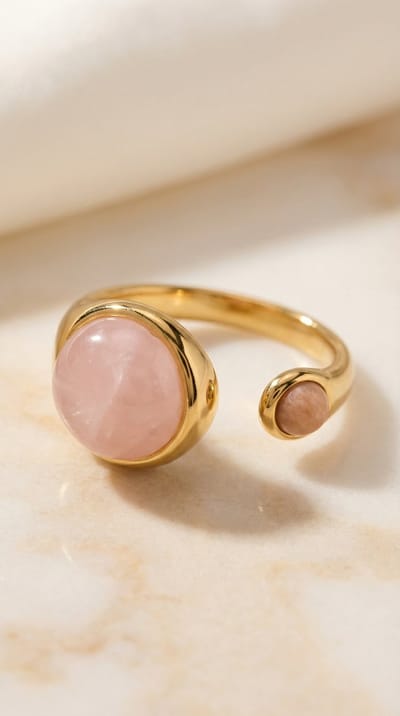 Lundholm Sophia Ring Dames met Steen – Premium Stainless Steel PVD Gold Plated – Verstelbare Ring Goudkleurig met Rozenkwarts en Zonnesteen Edelsteen Ring – One Size – Scandinavisch Design