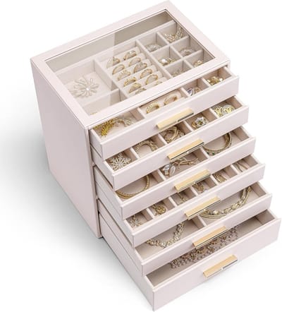 Grote Sieradendoos met 6 Niveaus en Glazen Deksel - Modern Roze Sieradenorganizer