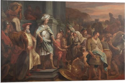 Dibond - Oude Meesters - Cyrus overhandigt schat uit Jeruzalem, Ferdinand Bol - 90x60cm Foto op Aluminium (Met Ophangsysteem)
